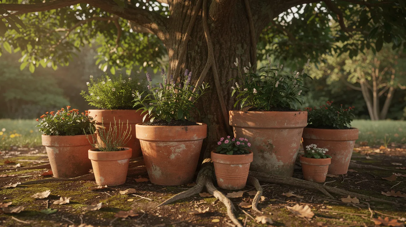 A collection of terra cotta pots filled with various indoor plants is arranged together beneath a large shade tree, providing a cool spot for the potted plants to thrive. This setup is ideal for gradually transitioning indoor plants outside during the warm summer months while protecting them from direct sunlight and harsh weather conditions.