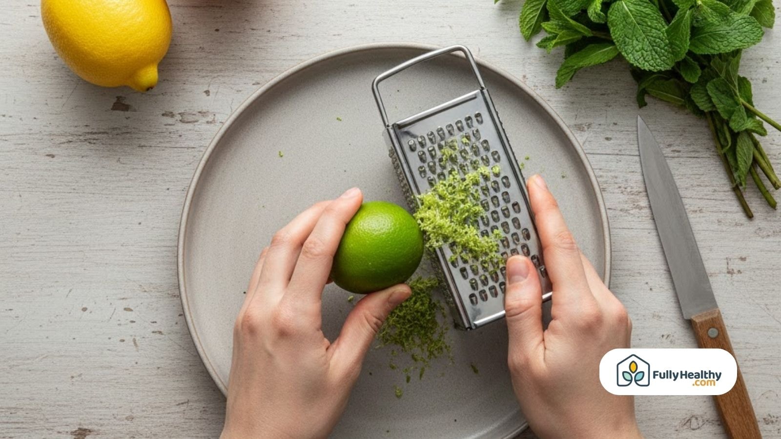 Hands zesting a lime with grater on a plate beside lemon