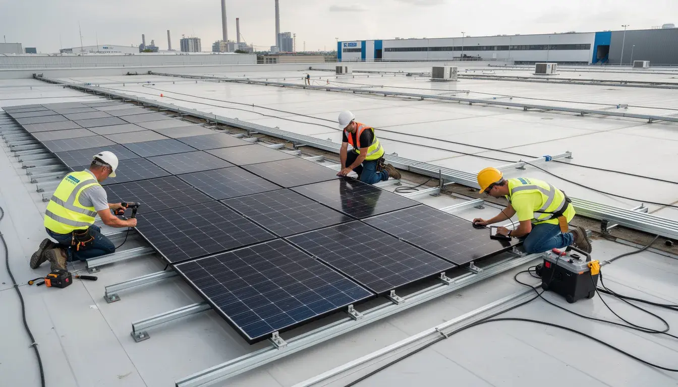 Installationsteam montiert Solarmodule auf Industriedach.