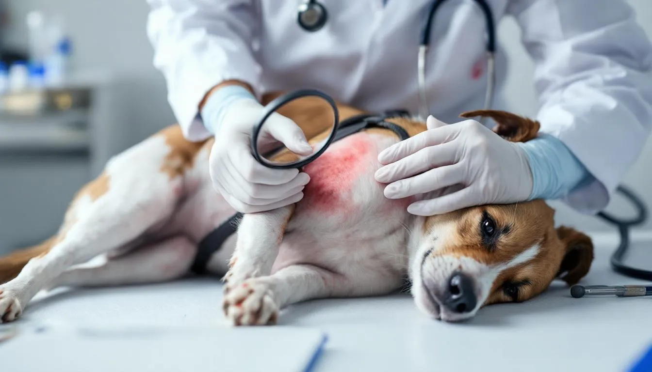 A veterinarian is closely examining a dog