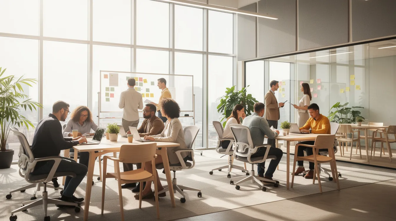L'image montre des professionnels travaillant en petits groupes dans un espace de coworking ouvert et lumineux, illustrant une bonne organisation commerciale. Ces équipes collaborent sur des stratégies de vente et de prospection, favorisant l'optimisation des performances au sein de l'entreprise.