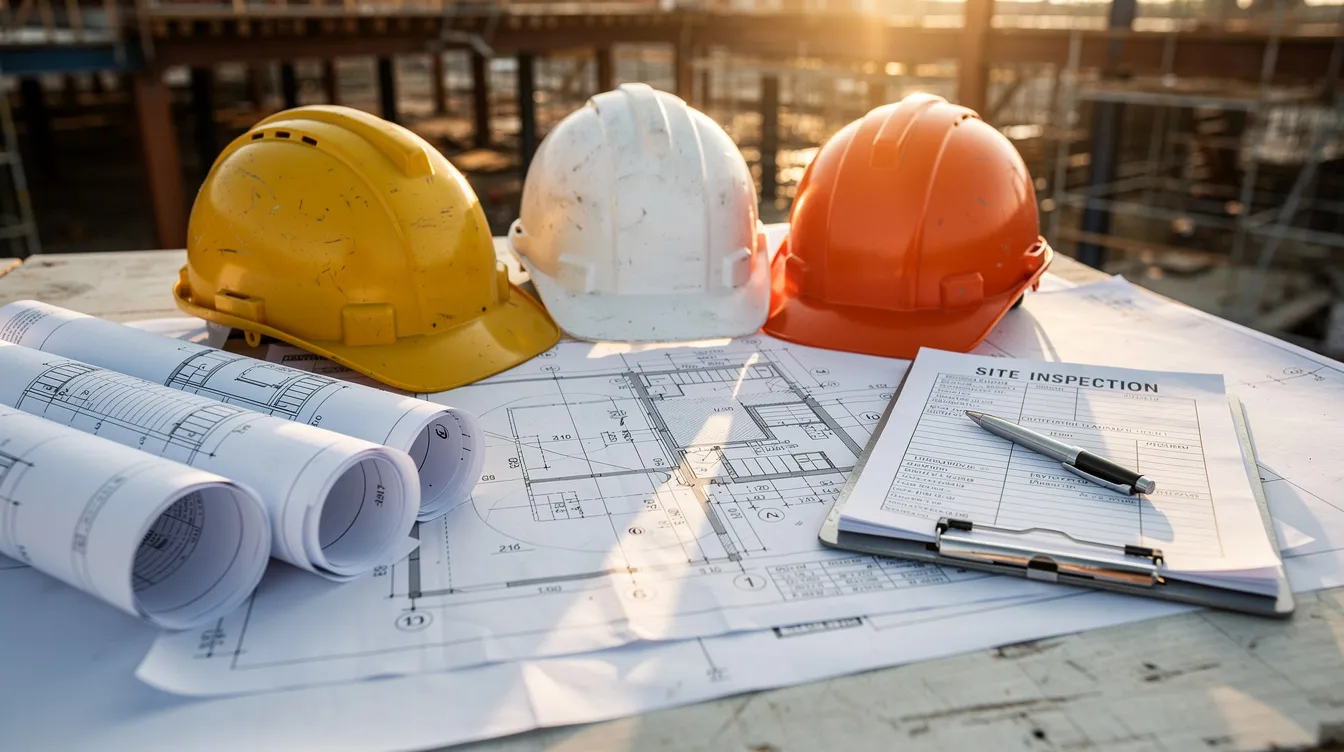 A close-up view of construction hard hats, blueprints, and a clipboard is displayed on a work table at a jobsite, highlighting key elements of project management and compliance with construction contracts. This scene emphasizes the importance of timely and accurate notices in managing construction delay claims and ensuring project completion dates are met.
