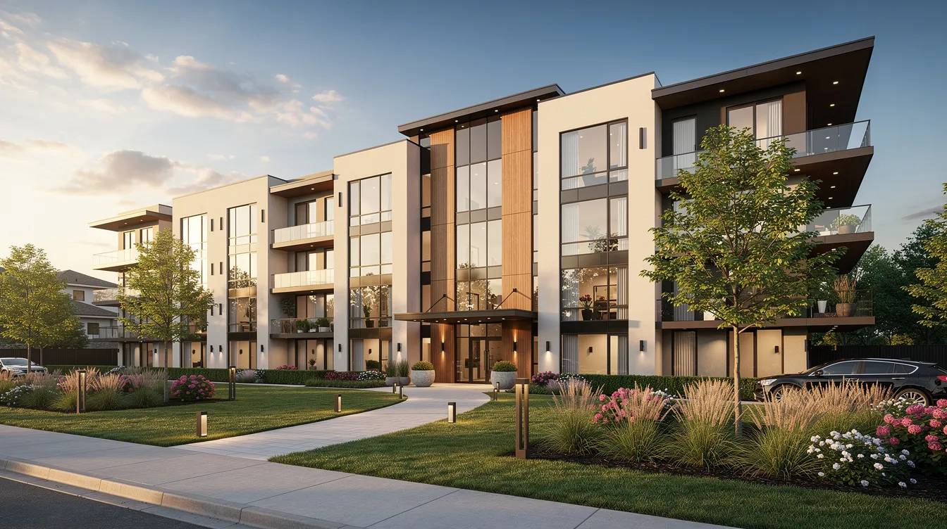 The image depicts a modern multi-unit apartment building with a sleek exterior and lush, well-maintained landscaping, reflecting the importance of property management in maintaining property value and tenant satisfaction. This setting highlights the effective financial management required by property managers to ensure steady cash flow and minimize operational expenses.
