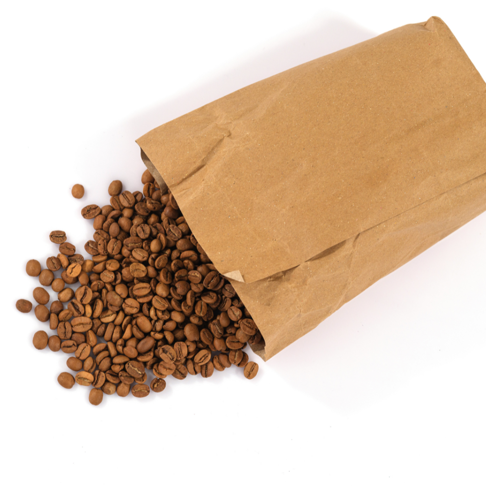 A bag of green coffee beans