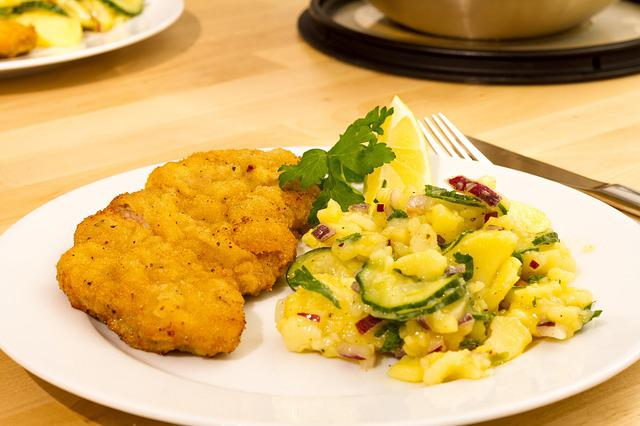 schnitzel, potato salad, meal