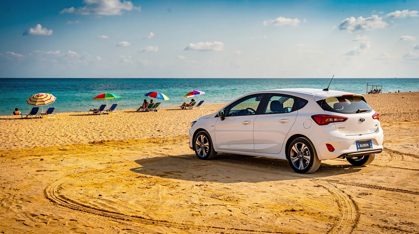 A white compact car parked next to a sandy beach.