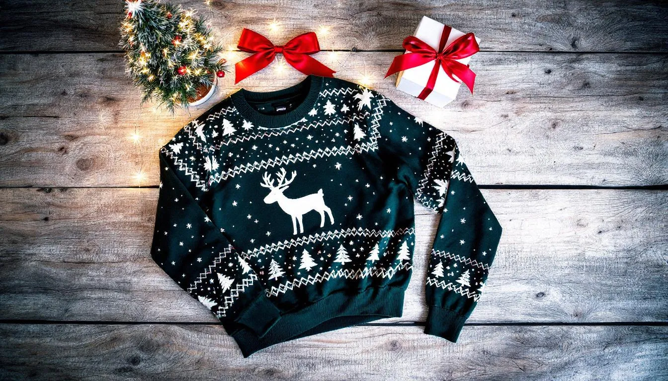 Na drewnianej powierzchni leży przytulna bluza na święta w wzór renifera, otoczona świątecznymi dekoracjami, co tworzy wyjątkowy klimat bożonarodzeniowy. Bluza damska z kapturem wykonana z miękkiej bawełny idealnie nadaje się na chłodniejsze dni.