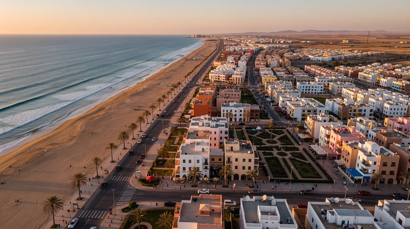 Vista aerea di una cittadina costiera marocchina con strade lungo la spiaggia.