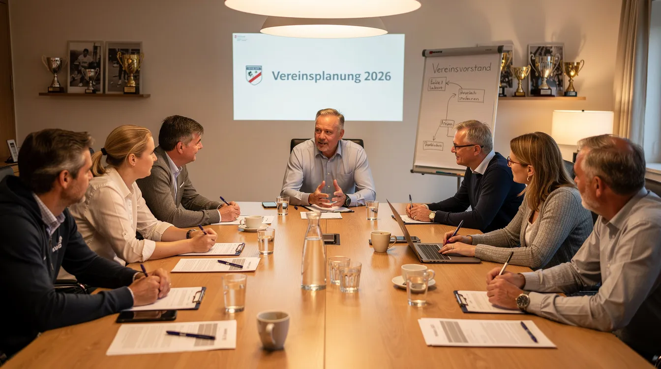 Der Vereinsvorstand sitzt an einem Tisch und diskutiert wichtige Themen zur Planung der kommenden Fußball-Saison, einschließlich der Vorbereitung auf den DFB-Pokal und die Bundesliga. Die Mitglieder tauschen Informationen aus und erarbeiten Strategien, um den Erfolg des Vereins zu sichern und den Fans ein spannendes Erlebnis zu bieten.