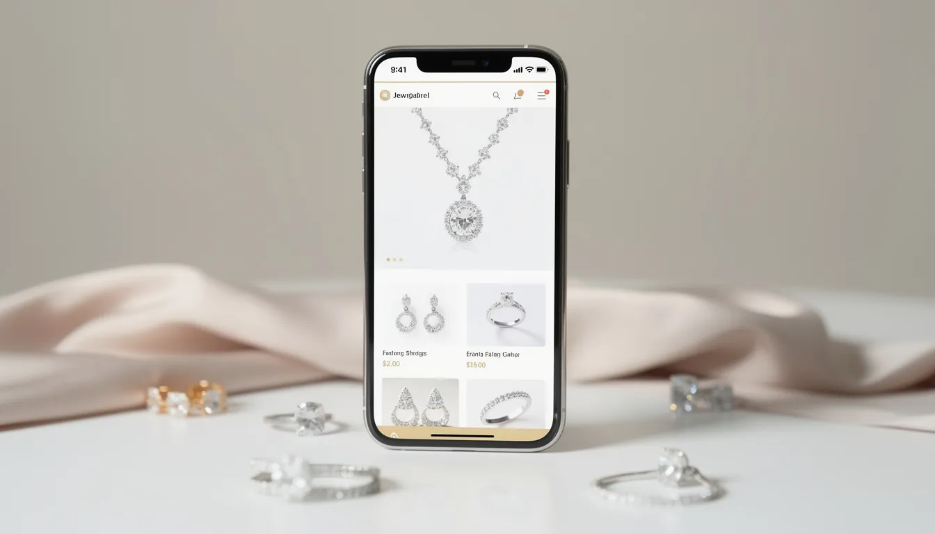 The image shows a smartphone displaying an online jewellery shop, featuring elegant product photography that highlights various pieces of jewelry. This visual representation emphasizes the importance of digital marketing strategies and effective SEO services to enhance online sales and improve search engine rankings.