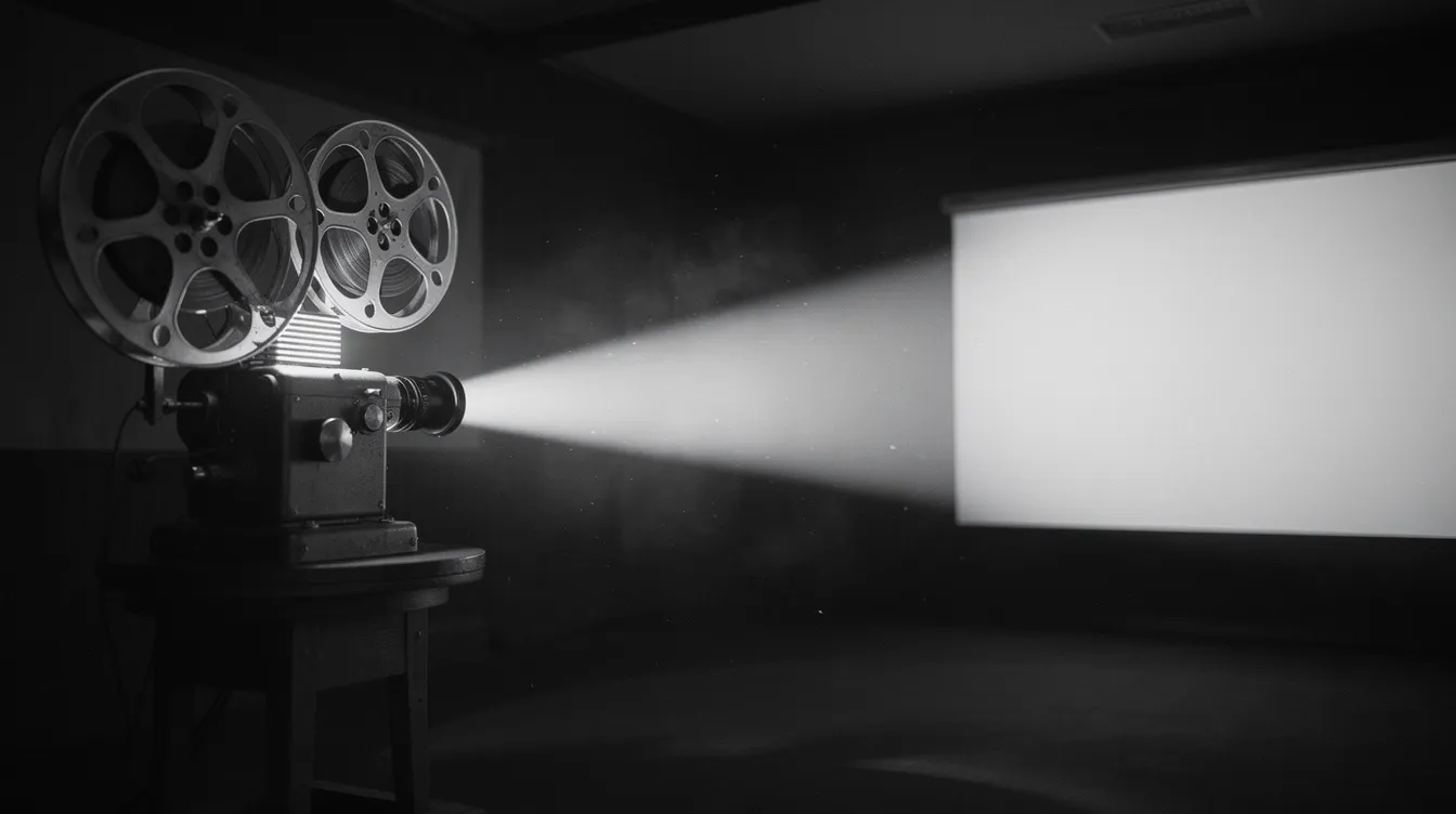 Ein vintage Filmprojektor steht in einem dunklen Vorführraum, während ein Lichtstrahl auf eine weiße Leinwand fällt und eine nostalgische Schwarzweißatmosphäre schafft. Diese Szene erinnert an die glamouröse Filmgeschichte, die Stars wie Bette Davis und Anne Baxter in Meisterwerken wie "All About Eve" prägten.