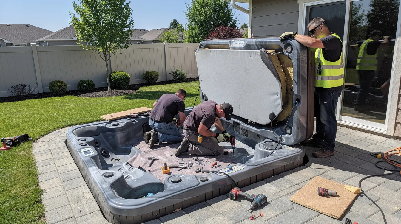 A team of professional workers is carefully dismantling an outdoor hot tub on a backyard patio, using various tools to efficiently handle the heavy lifting involved. This junk removal service is focused on providing stress-free and eco-friendly solutions for homeowners looking to rid their properties of unwanted items.