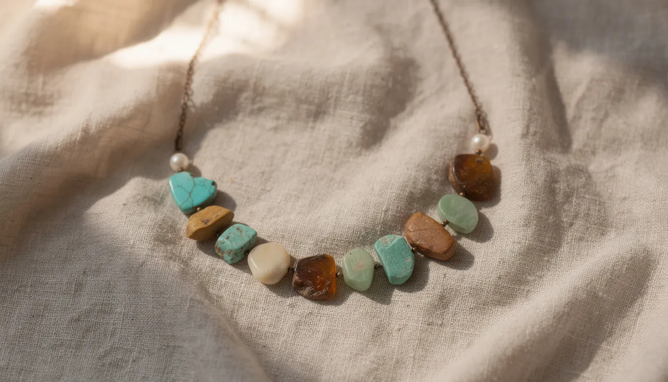 Un collier bohème orné de pierres naturelles et de perles est présenté sur un fond en tissu lin, mettant en avant l'originalité et le savoir-faire des bijoux artisanaux. Cette pièce unique reflète la qualité et le style des créations françaises, parfaites pour accessoiriser n'importe quelle tenue.