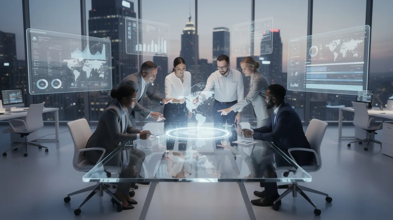 The image depicts a futuristic office workspace where a diverse team of professionals collaborates around a digital interface featuring holographic displays. This environment highlights the integration of AI tools and human agents, emphasizing the importance of emotional intelligence and human connection in delivering exceptional customer service experiences.