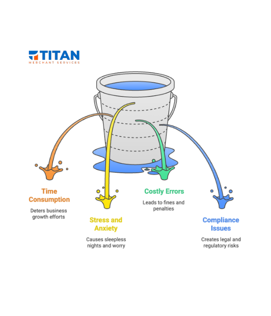 Infographic showing a leaky bucket that leaks time consumption, stress and anxiety, costly errors, and compliance issues for business owners that try to manage payroll on their own.