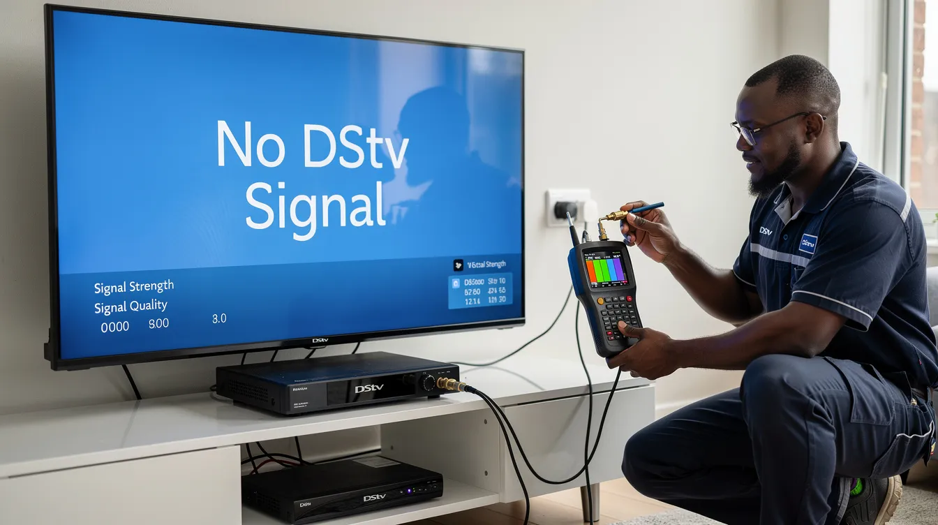 The image depicts a professional DSTV installer conducting a signal test using a meter and decoder diagnostics to troubleshoot no DSTV signal issues. The technician is checking the satellite dish alignment and signal strength to resolve potential signal problems and ensure optimal picture quality for the viewer.