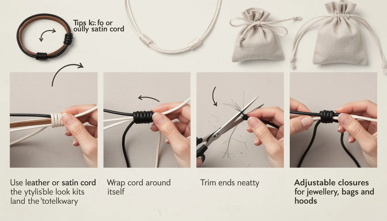 The image showcases a beautifully crafted necklace featuring a sliding knot made from leather cord, emphasizing both style and functionality. The sliding knot allows for adjustable length, ensuring a secure fit when worn, while the neatly trimmed ends add a polished finish to the design.