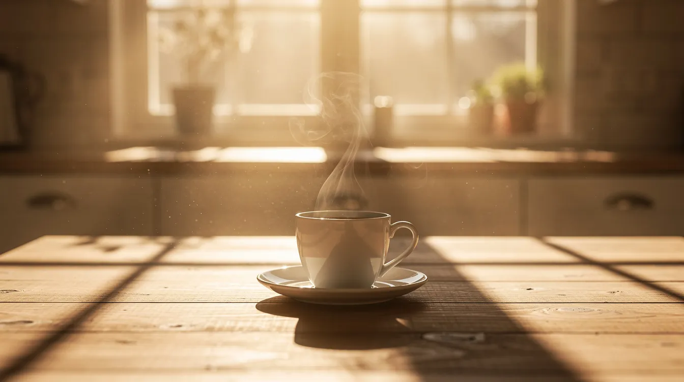 The image depicts morning sunlight streaming through a window, casting warm light onto a table where a coffee cup sits. This serene scene evokes a sense of calm and highlights the importance of sleep quality and stress management in maintaining healthy cortisol levels and overall well-being.