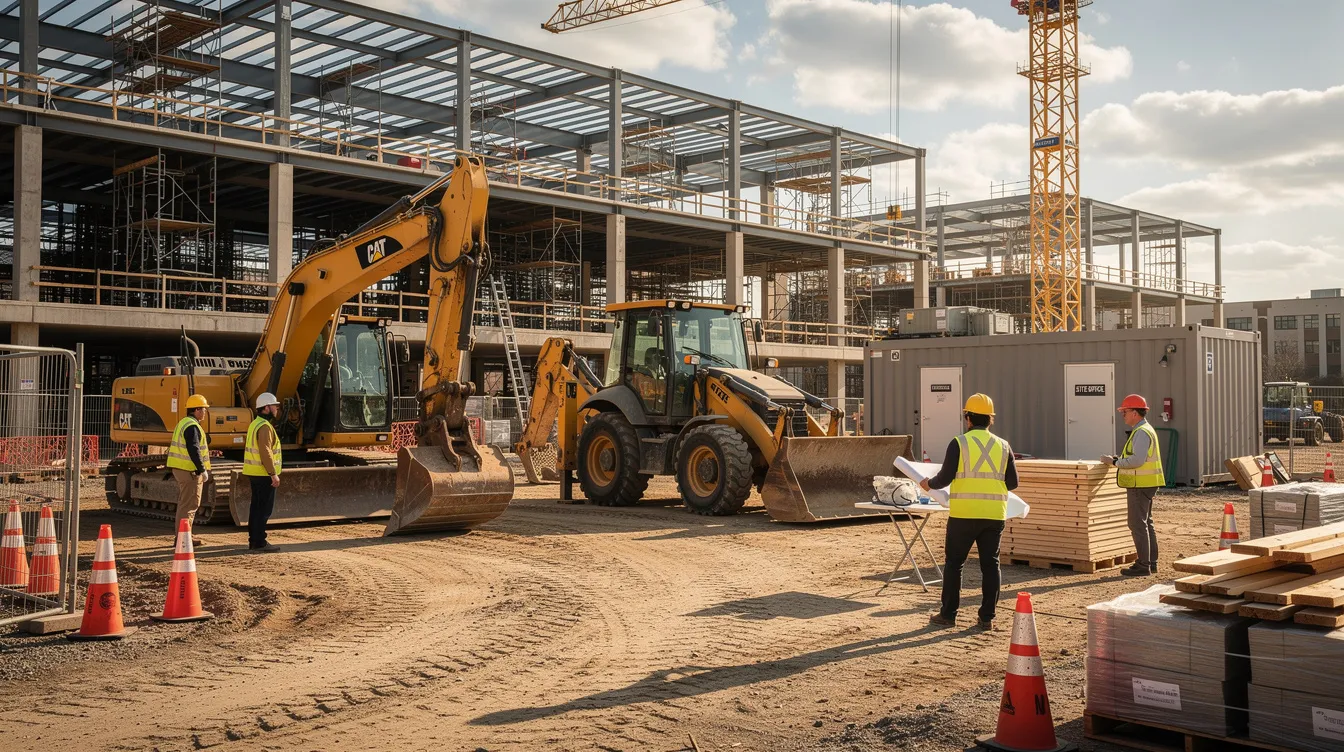 The image shows heavy construction equipment parked at a commercial building site, with workers in hard hats discussing the project. This scene highlights the need for careful planning and the potential for construction contract claims related to acceleration costs and delays.