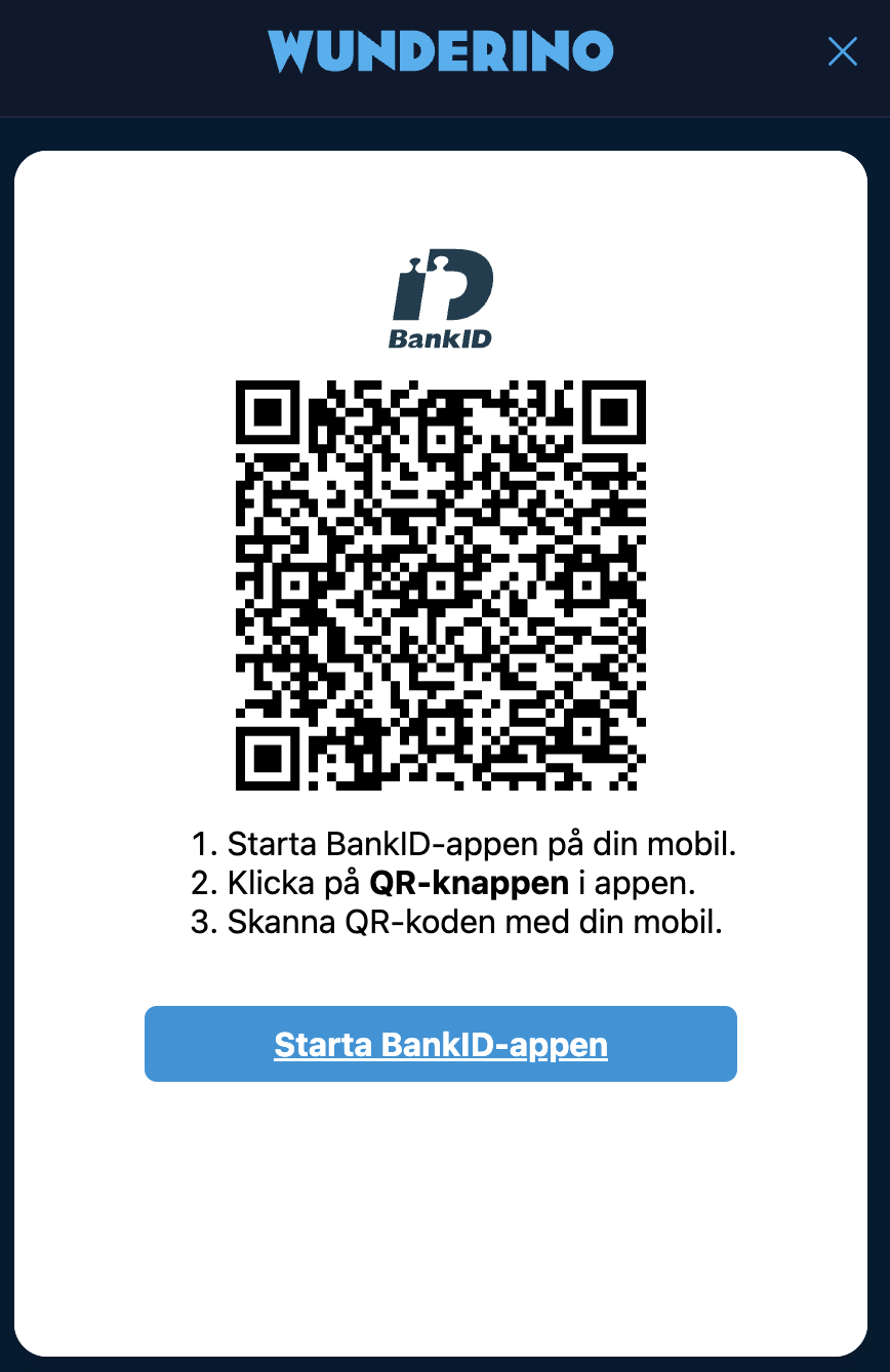 QR-kod för BankID-inloggning hos Wunderino Casino med instruktioner för att skapa konto och logga in via mobilen.