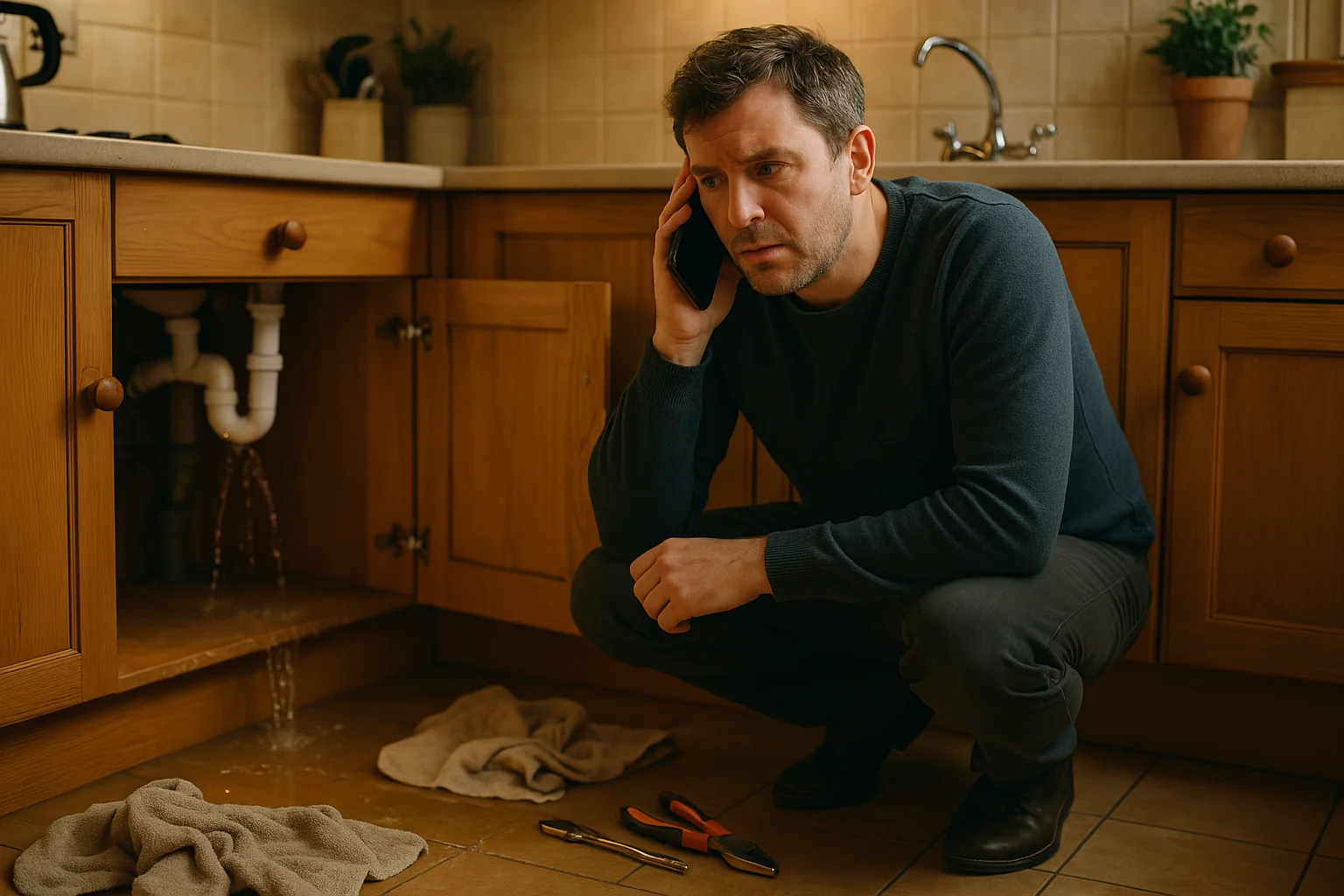 A concerned UK homeowner on the phone next to a burst pipe under the kitchen sink.
