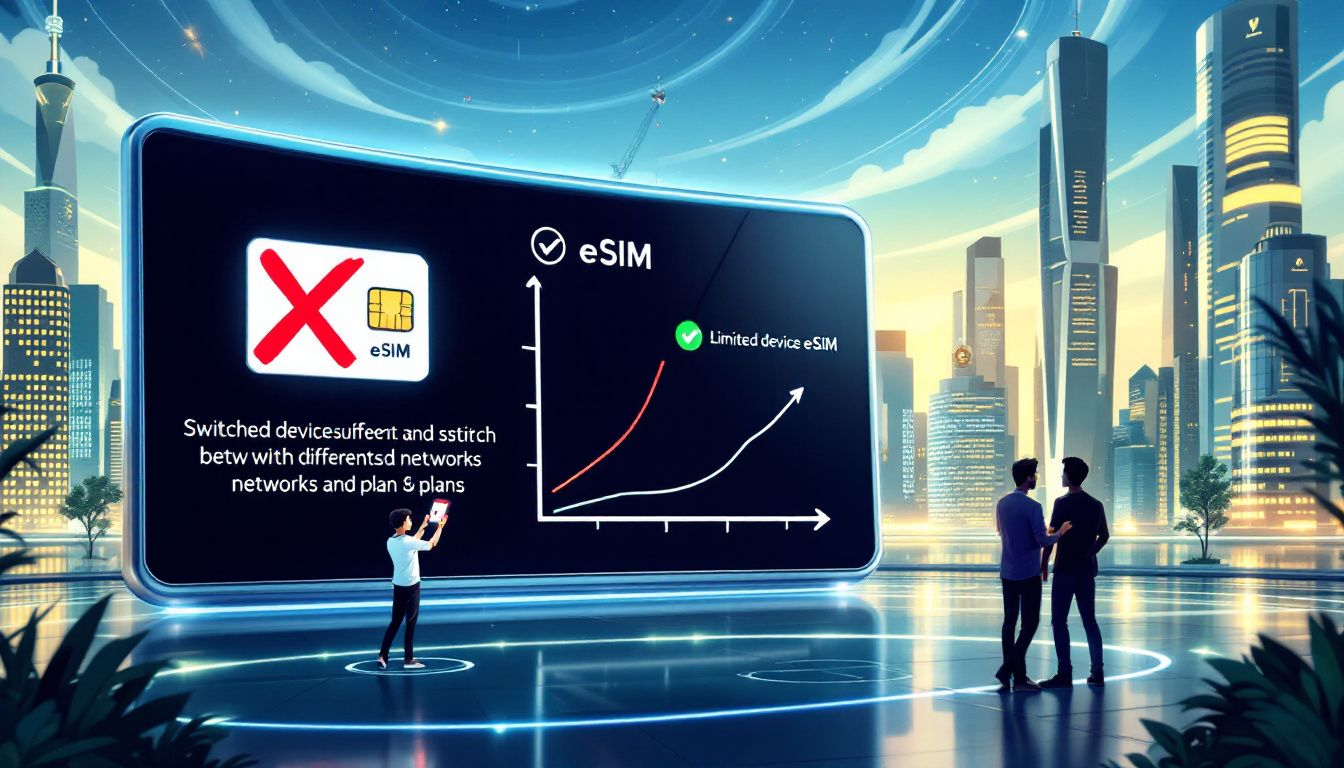 An illustration showing potential drawbacks of eSIMs, including limited device support.