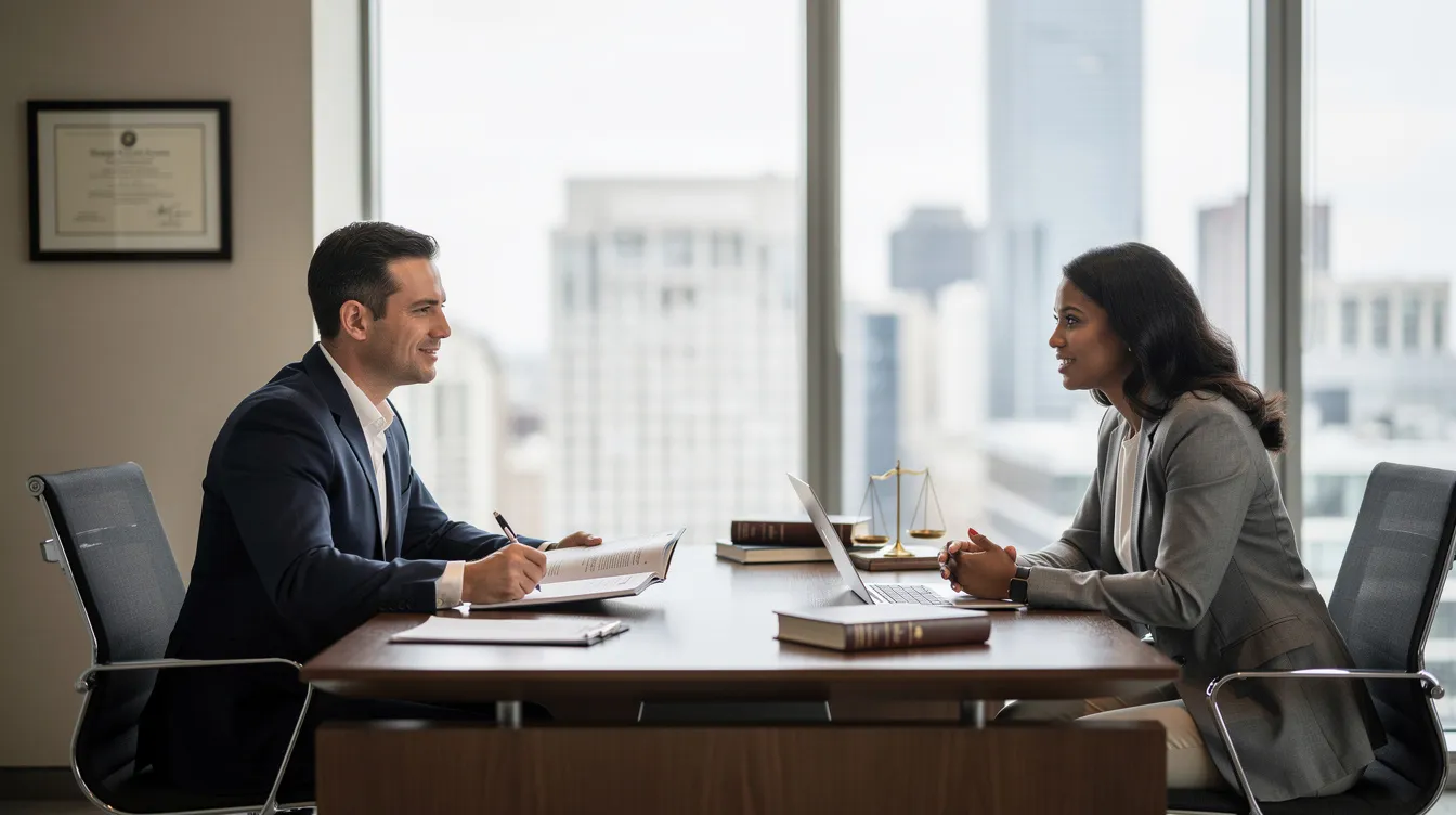An attorney is seen meeting with a client in a professional office, discussing important aspects of a car accident case, including insurance claims and legal rights. The setting conveys a sense of trust and professionalism, essential for navigating the complexities of personal injury claims and the insurance claim process.