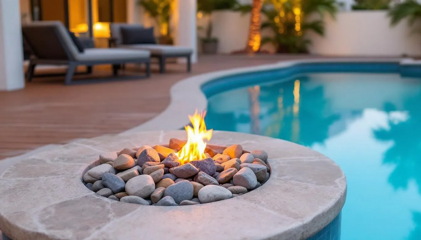 The image showcases a stunning residential swimming pool featuring modern fire and water elements, including elegant copper fire bowls that create a warm and inviting atmosphere. Surrounding the pool area, the soothing water features flow gently, enhancing the outdoor living space with a cozy and relaxing ambiance.
