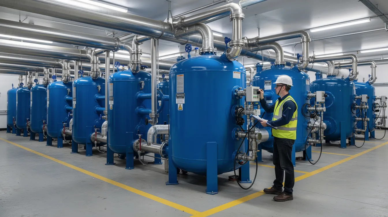 A technician is inspecting large blue water treatment vessels in a mechanical room, ensuring the proper functioning of the commercial water softener system. The scene highlights the importance of maintaining water quality and efficiency in commercial installations, with various components and plumbing visible around the vessels.