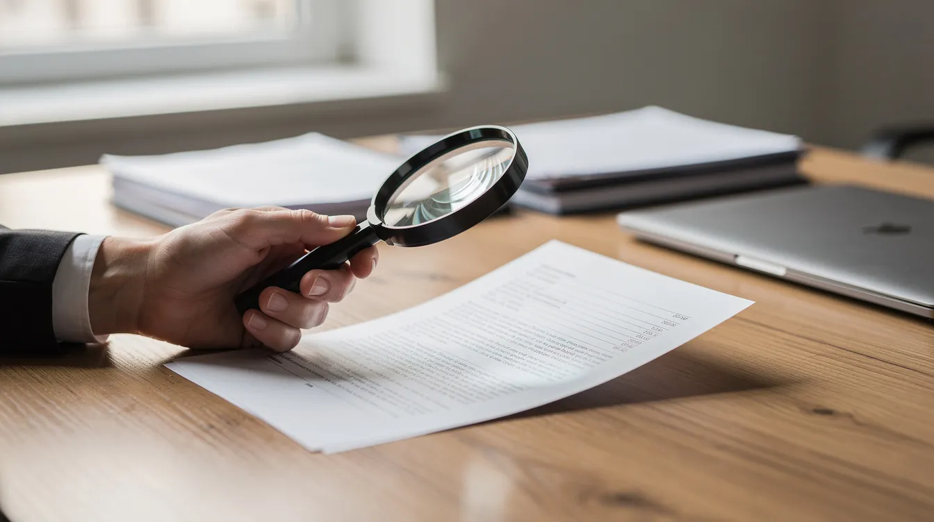 A professional lawyer is intently reviewing legal documents related to commercial lending transactions, using a magnifying glass on a wooden desk. The scene conveys a focus on the details of loan agreements and compliance, essential for representing corporate clients in sophisticated financing transactions.