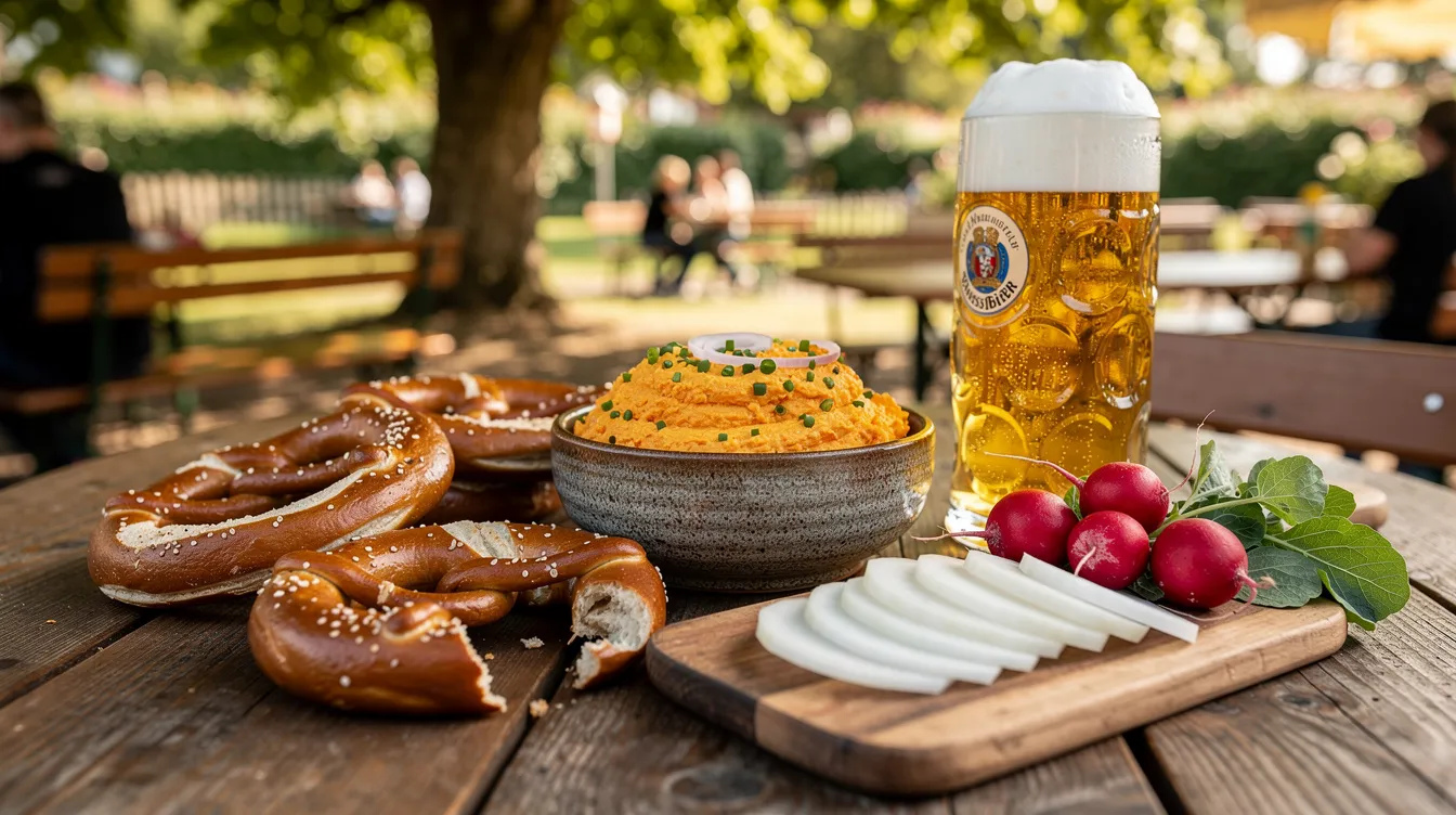 Ein bayerischer Brotzeittisch ist reichhaltig gedeckt mit einer Schale Obatzda, umgeben von frischen Brezen, Radieschen und Rettich. Dazu steht ein Glas Weißbier, während die Sonne im Biergarten scheint und die Atmosphäre gemütlich macht.