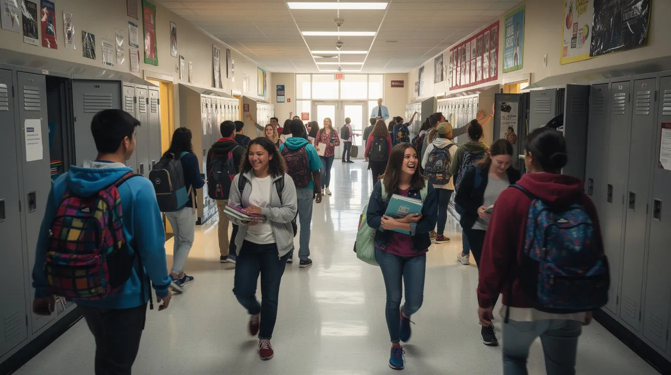 The image depicts a crowded high school hallway filled with students of diverse backgrounds walking between classes. Among them, many neurodivergent girls and boys navigate the bustling environment, which can be overwhelming and may contribute to anxiety and depression symptoms, highlighting the importance of proper support for mental health in educational settings.