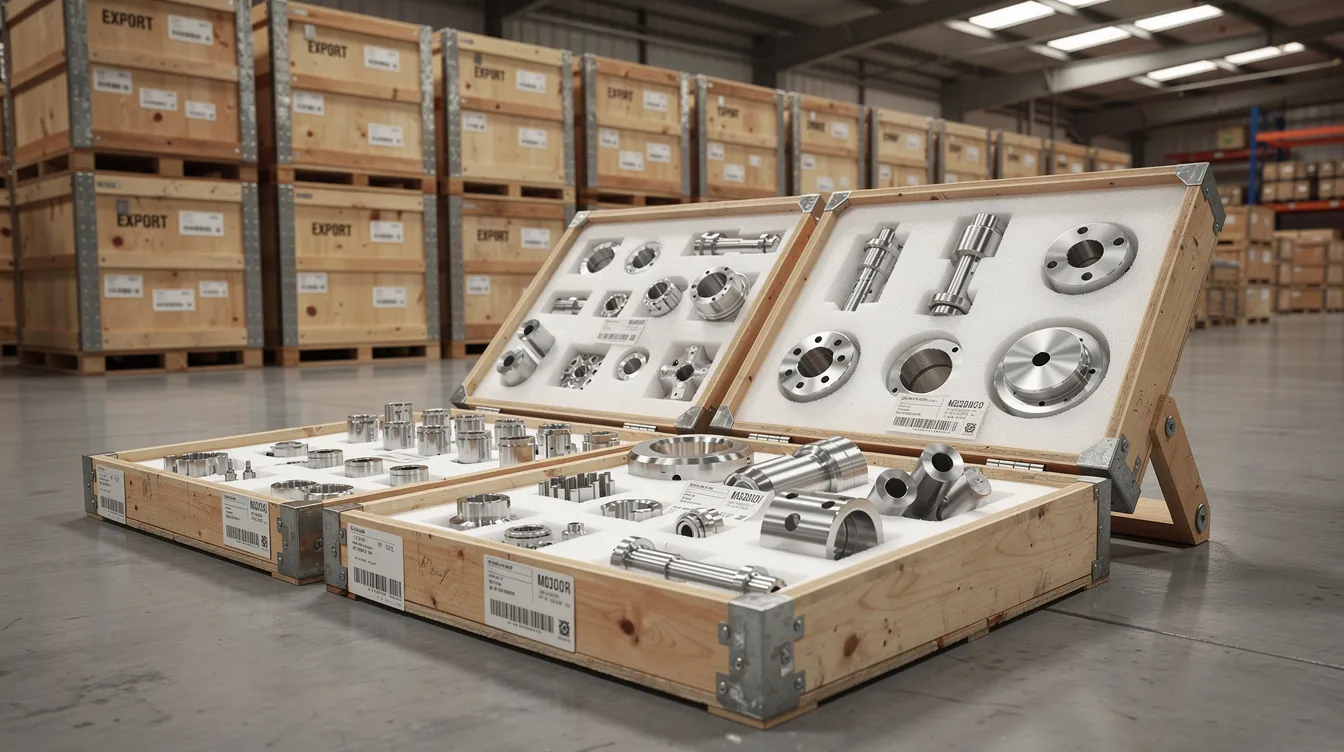 The image depicts stacked shipping crates alongside foam-packed precision metal parts, prepared for international delivery, showcasing the meticulous attention to detail typical of precision machining processes. This arrangement highlights the importance of strict quality control and advanced equipment in the manufacturing process, particularly for aerospace components and other specialized materials.