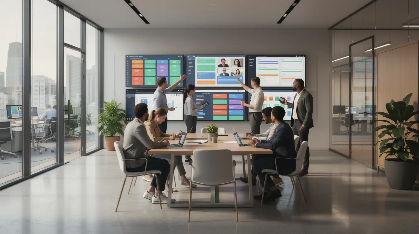 The image depicts a diverse group of people collaborating in a modern office environment, engaging with digital interfaces and AI tools to enhance their productivity and solve problems. This scene illustrates the growing trend of human-AI collaboration, showcasing how intelligent systems and digital coworkers are becoming integral to the workplace.