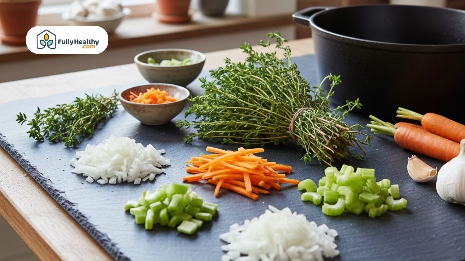 Fresh thyme prepared with chopped vegetables for cooking.