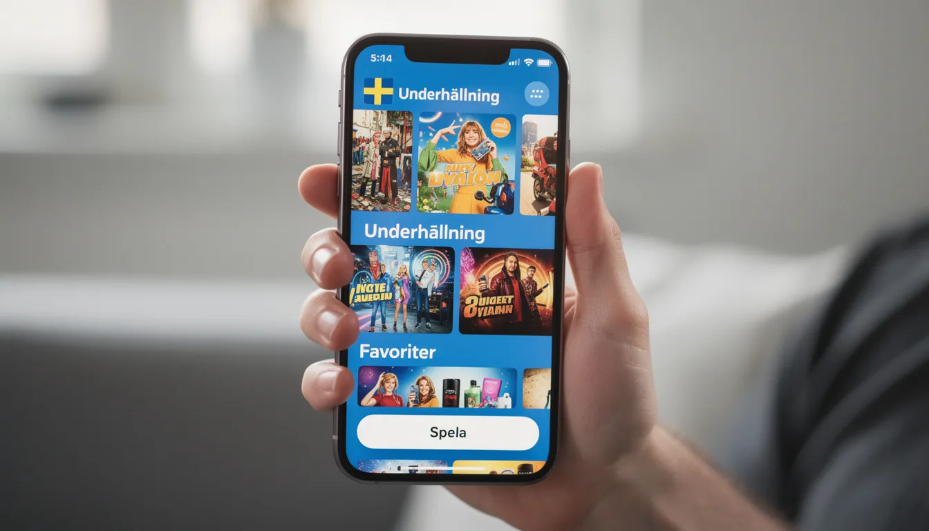 En person håller i en smartphone där en underhållningsapp är öppen, med en skärm som visar olika alternativ för spel och aktiviteter. Mobilen är i en avslappnad miljö, vilket ger en känsla av nöje och avkoppling, typiskt för besökare på lyllo casino.