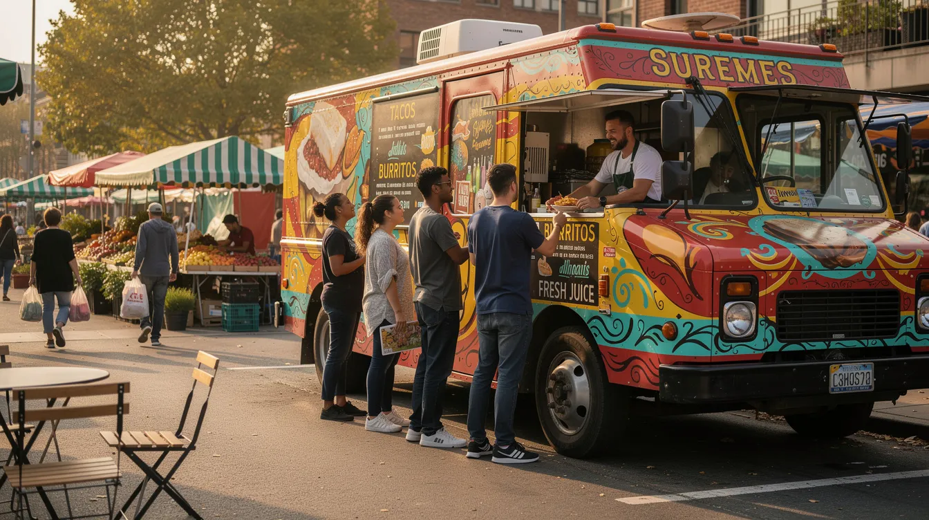 ba1cd6af e062 4e09 9304 6f3641ef8669 A vibrant food truck, adorned with colorful graphics, is parked in a bustling market area where customers eagerly line up to order delicious drinks and meals. This scene highlights the thriving food processing business opportunities in Tripura, showcasing the potential for profitable ventures in the local market.