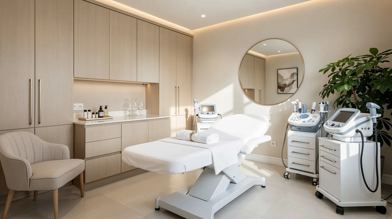 The image depicts a welcoming aesthetic clinic treatment room equipped with modern technology for laser skin tightening and rejuvenation. The clean and serene environment is designed to enhance patient comfort while offering non-surgical treatments for skin laxity and signs of aging.