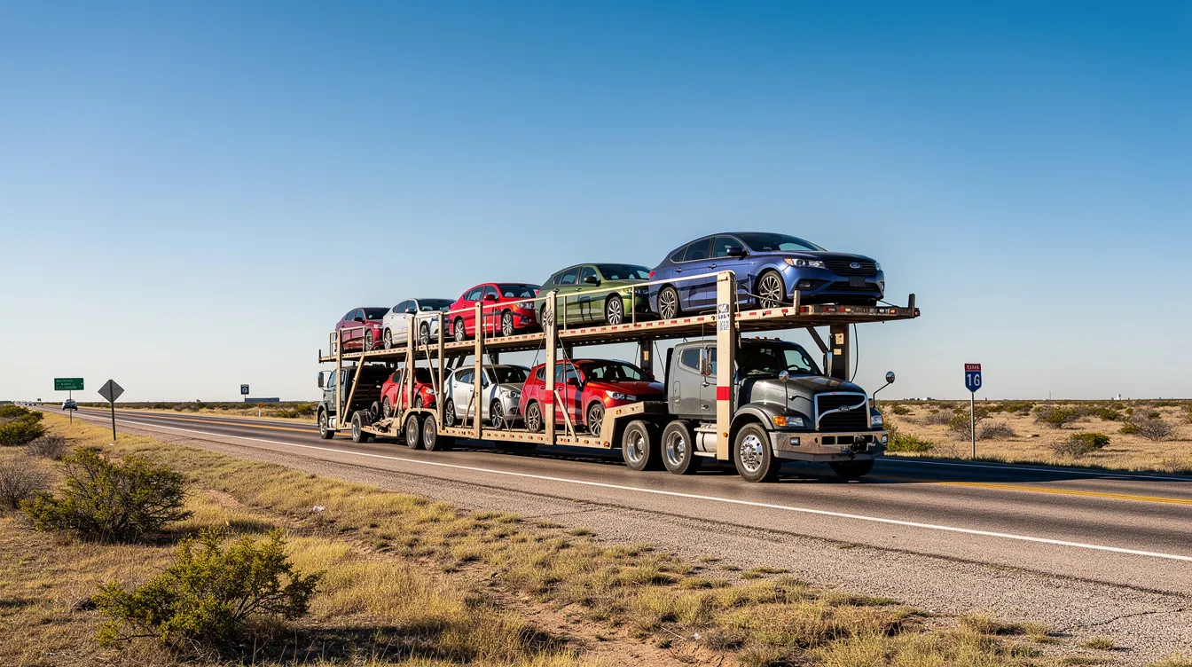 A multi-car carrier truck is seen traveling on a Texas highway under a clear blue sky, symbolizing the efficiency of dealership car transport and auto shipping services. The truck is loaded with several vehicles, showcasing the process of transporting cars safely and effectively across state lines.