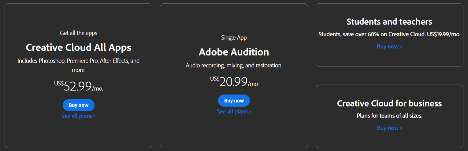 Adobe Audition pricing page