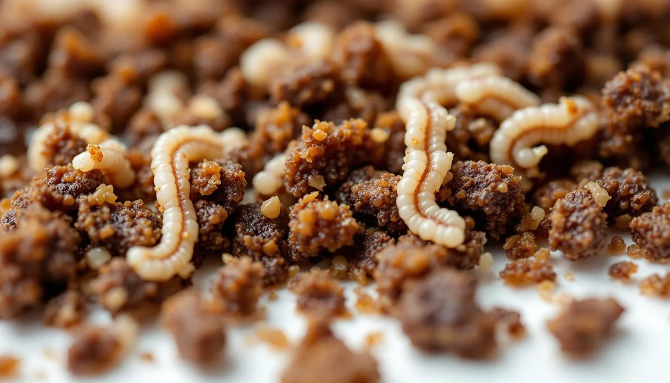 A close-up view of rice-like tapeworm segments is visible in dog feces, indicating the presence of intestinal parasites in infected dogs. These segmented worms are a sign of a potential roundworm infection, which can affect both dogs and cats if left untreated.