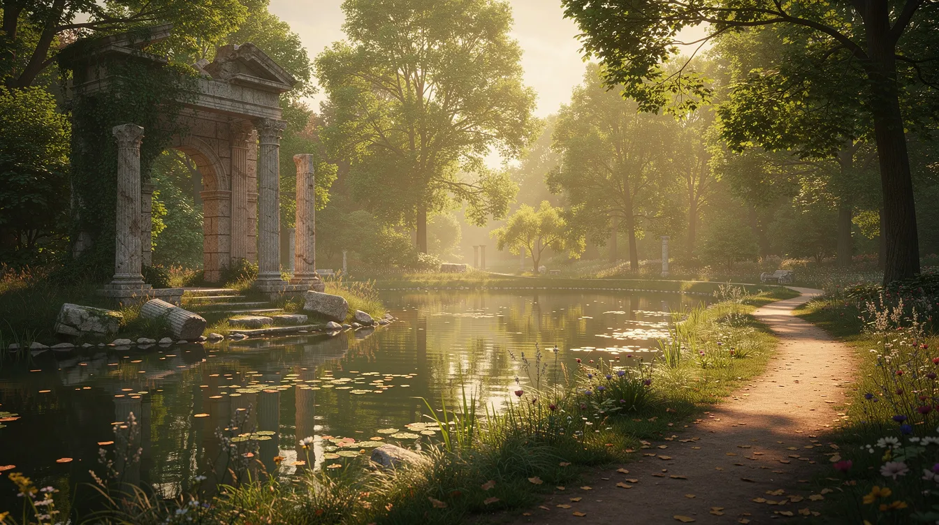 Imagem do Arkadia Park, um espaço verde localizado em Varsóvia, cercado por árvores e flores, ideal para relaxar e passear. O parque oferece uma vista para construções históricas da cidade, refletindo a cultura e a história da capital da Polônia.