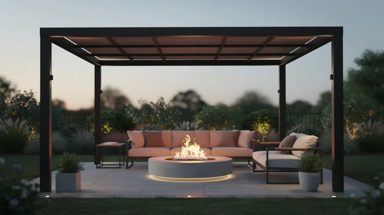 The image depicts a modern metal outdoor shade structure positioned over a cozy fire pit, creating a stylish outdoor space perfect for relaxation and gatherings. This landscape design feature harmoniously combines hardscape elements with the warmth of fire, enhancing the overall ambiance of the area.