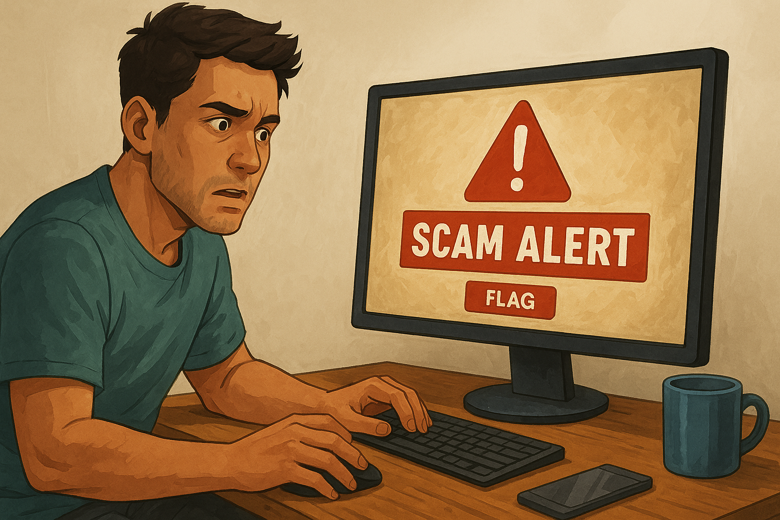Semi-realistic digital illustration of a user saved from a last second online scam while using a fraud detection tool like InsightsBet, featuring a flagged betting website and urgent warning prompt
