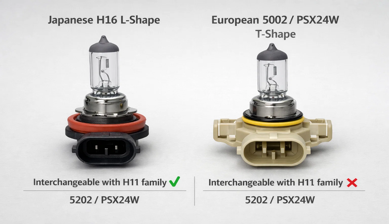Japanese L-shape H16 vs European T-shape 5202