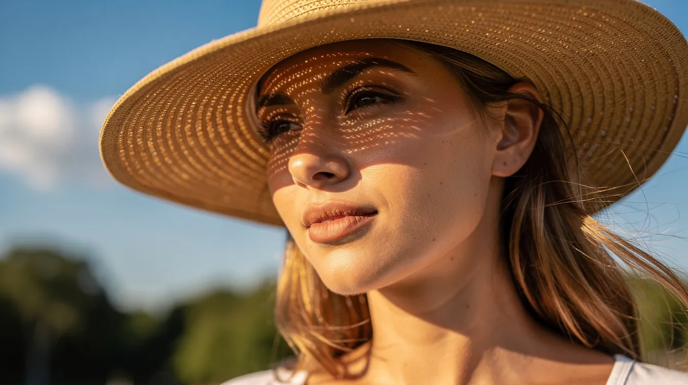 A person outdoors is wearing a wide-brimmed straw hat on a sunny day, enjoying the warmth while taking precautions against sun exposure. This image highlights the importance of diligent sun protection, especially for those undergoing treatments like CO2 laser resurfacing.