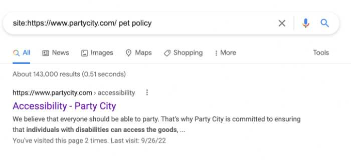 Google search result of the Party City pet policy.