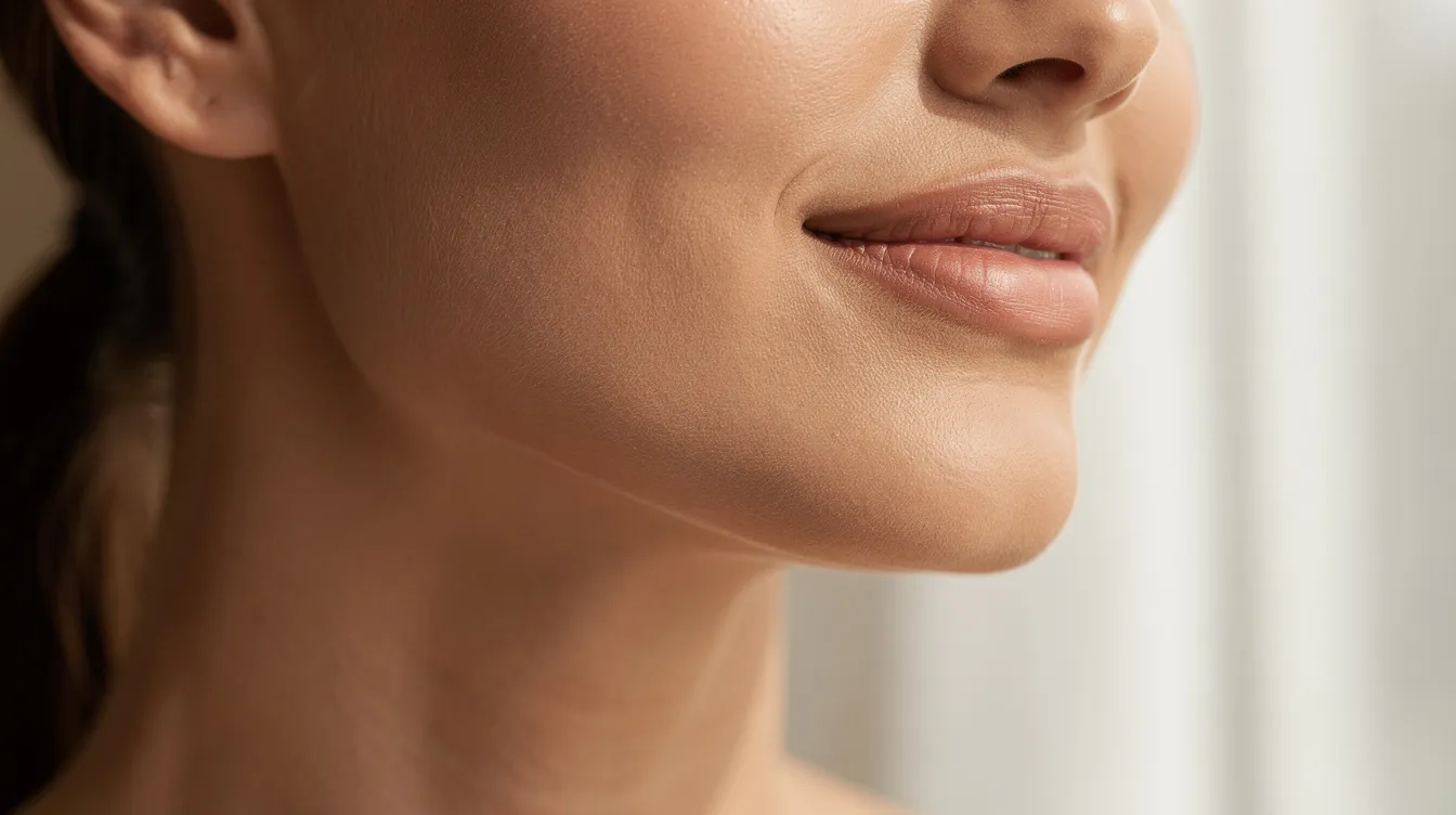 The image shows a close-up of a relaxed person with a defined jawline and smooth neck skin, highlighting the youthful appearance achieved through advanced laser treatments like endolift. The skin's elasticity and firmness suggest the benefits of stimulating collagen production, resulting in natural-looking results and minimal downtime.