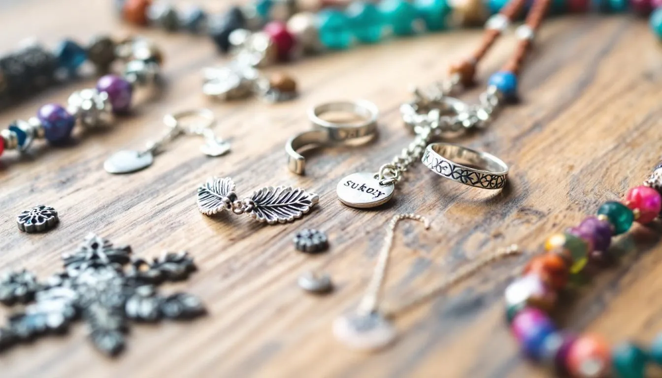 The image showcases a collection of handmade jewelry, including beautifully crafted sterling silver rings, necklaces, and earrings, each designed with unique gemstones and vibrant colors like blue, green, and purple. This wonderful world of jewelry highlights the artistry and individuality of each piece, making them perfect for everyday wear or special occasions.