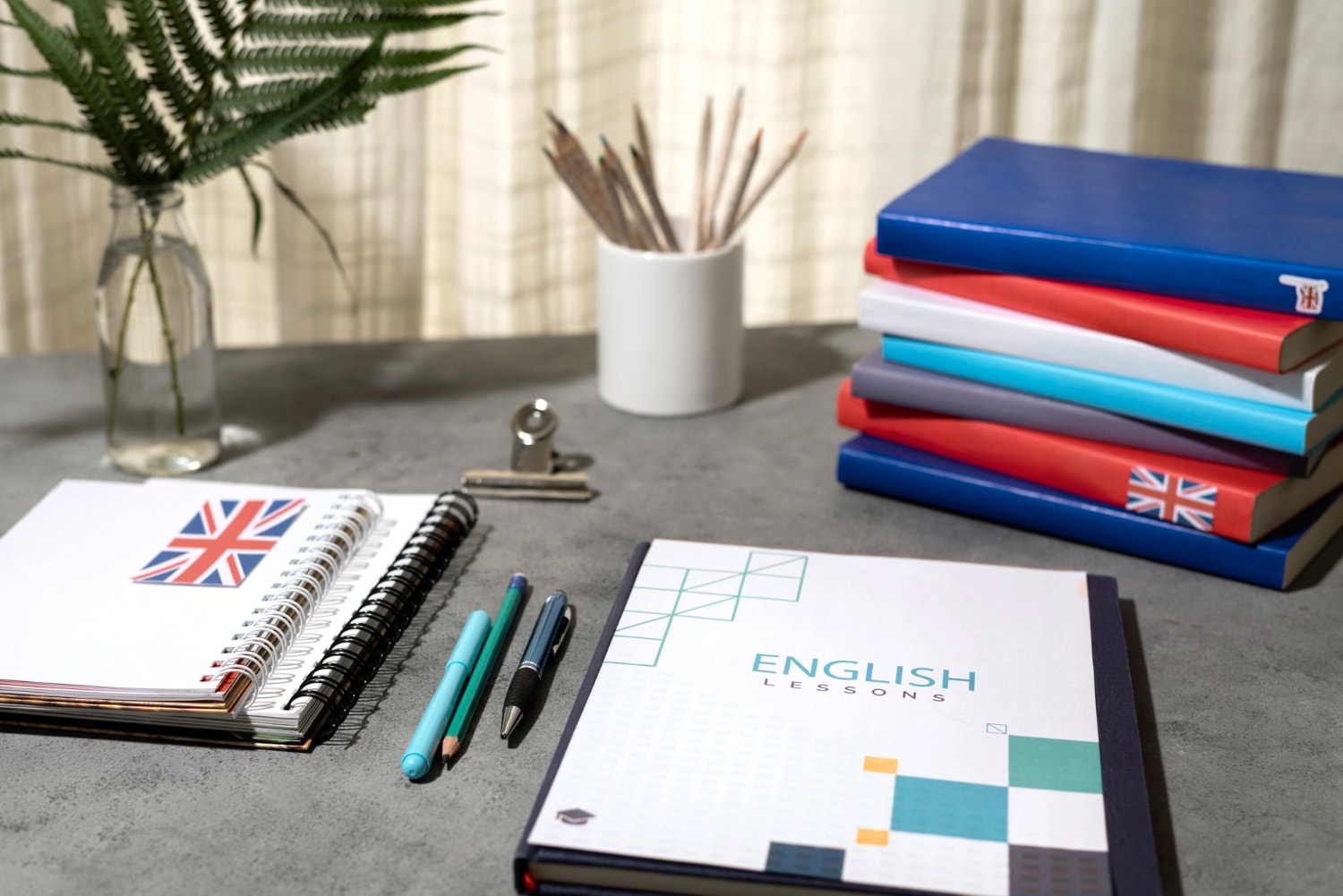 Notebook, books, and papers